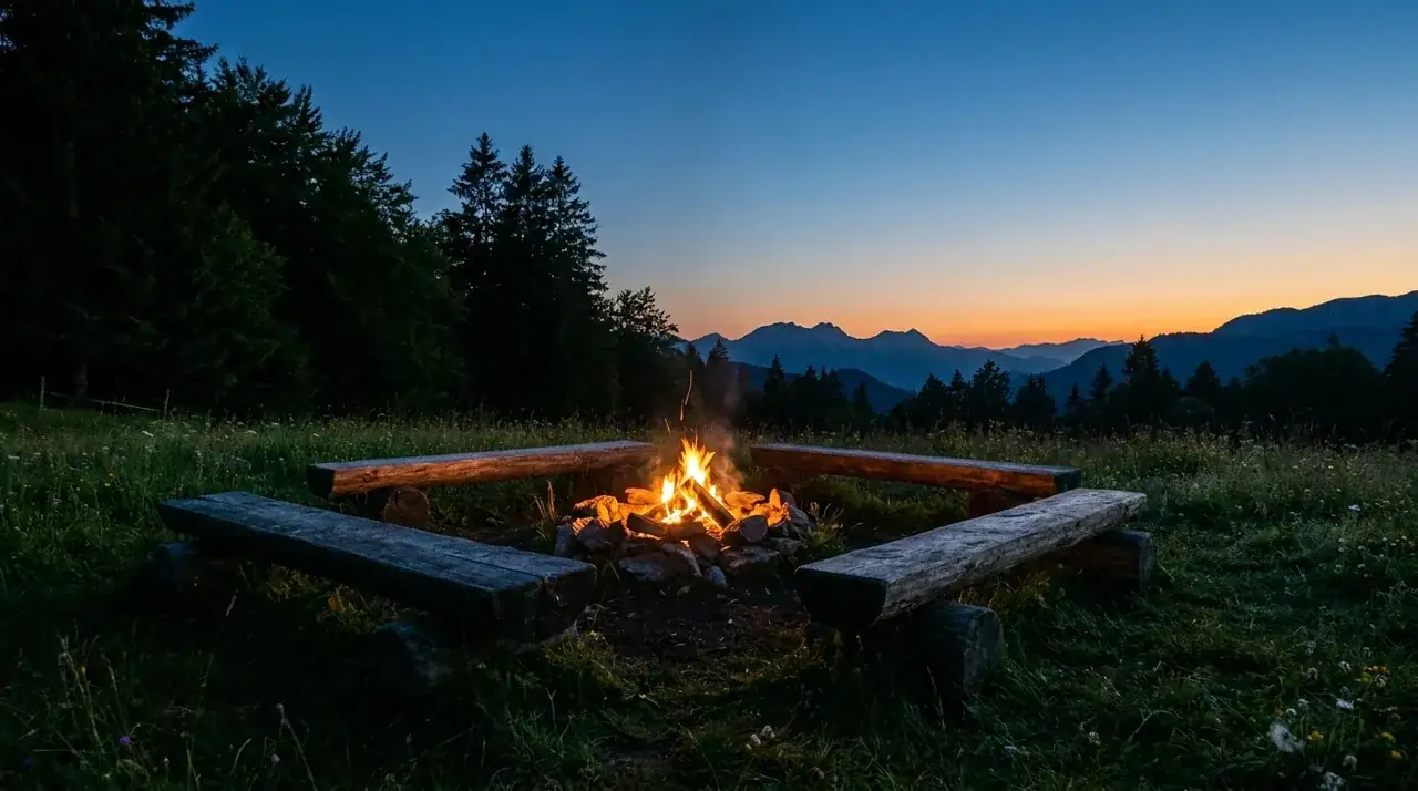 Lagerfeuer auf einer Wiese am Waldrand in der Abenddaemmerung