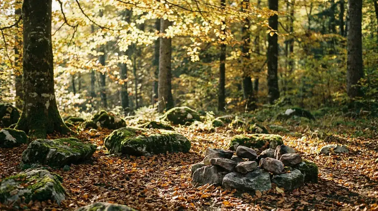 Waldlichtung im Herbstlicht mit einer Feuerstelle aus Steinen