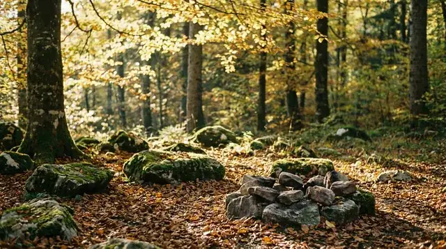 Symbolbild: Waldlichtung im Herbstlicht mit einer Feuerstelle aus Steinen