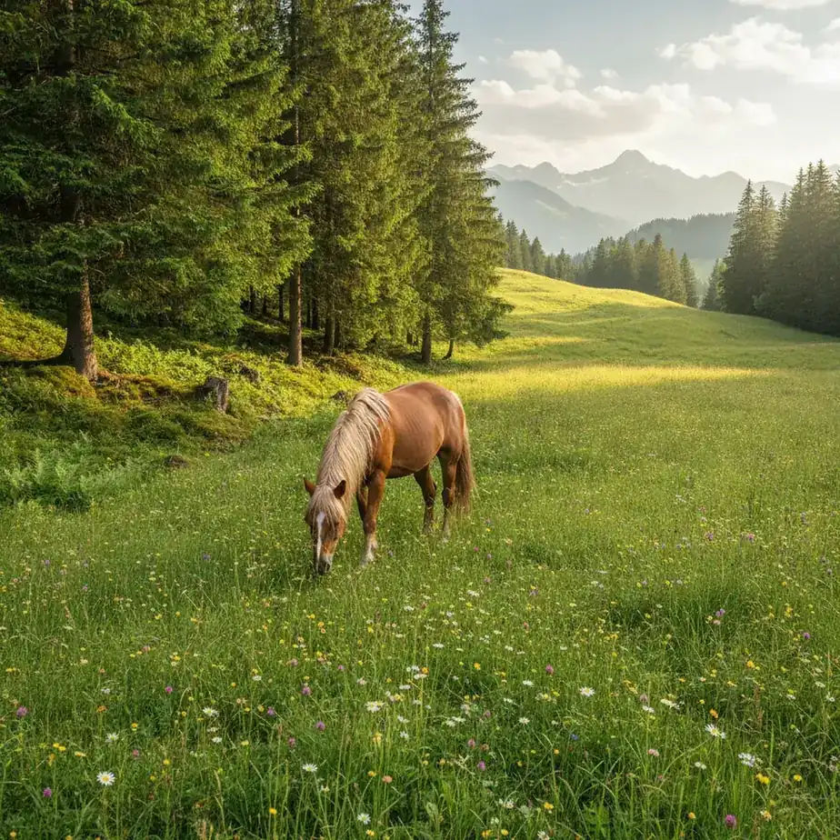 Pferd auf einer Sommerwiese am Waldrand