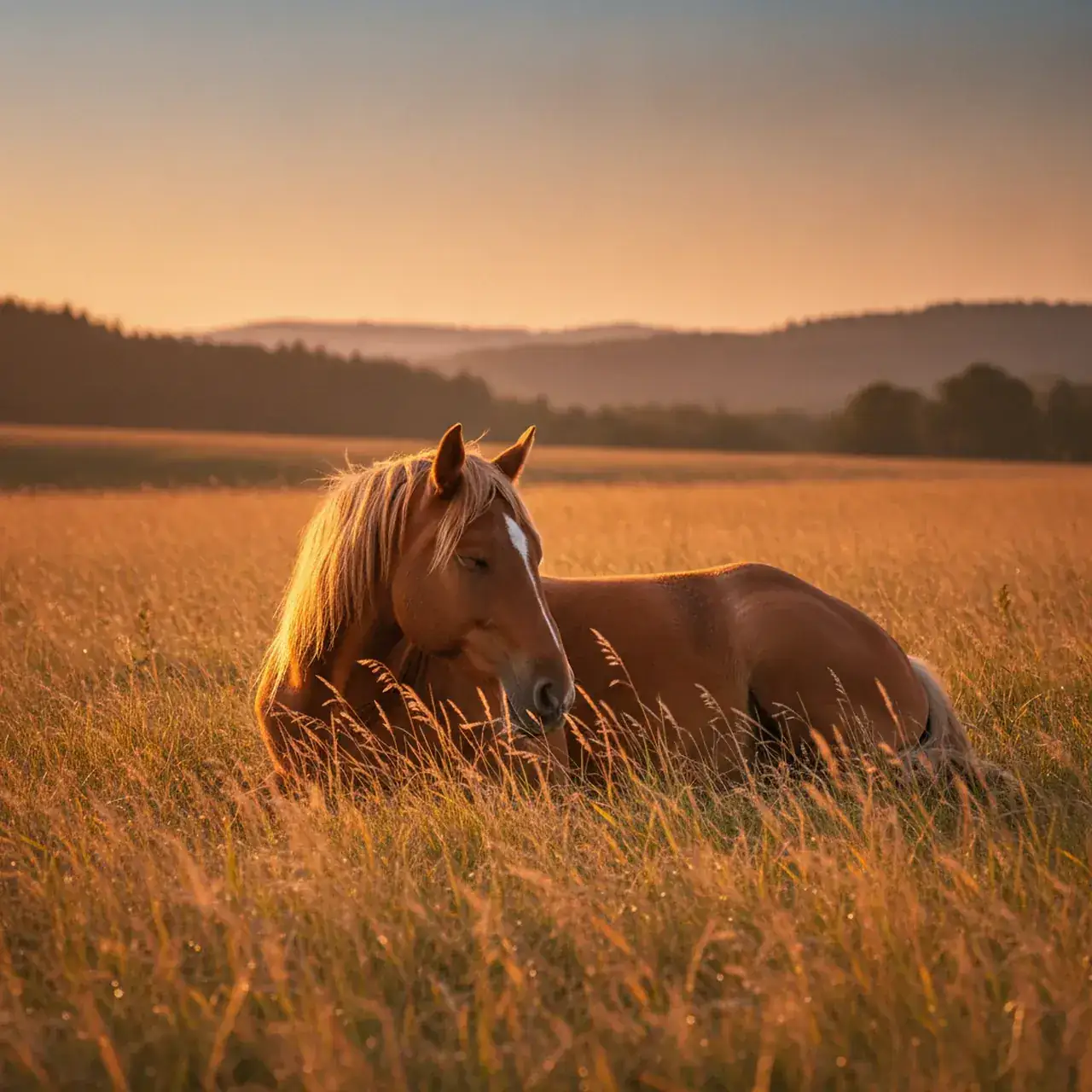 Pferd ruht im hohen Gras im Abendlicht