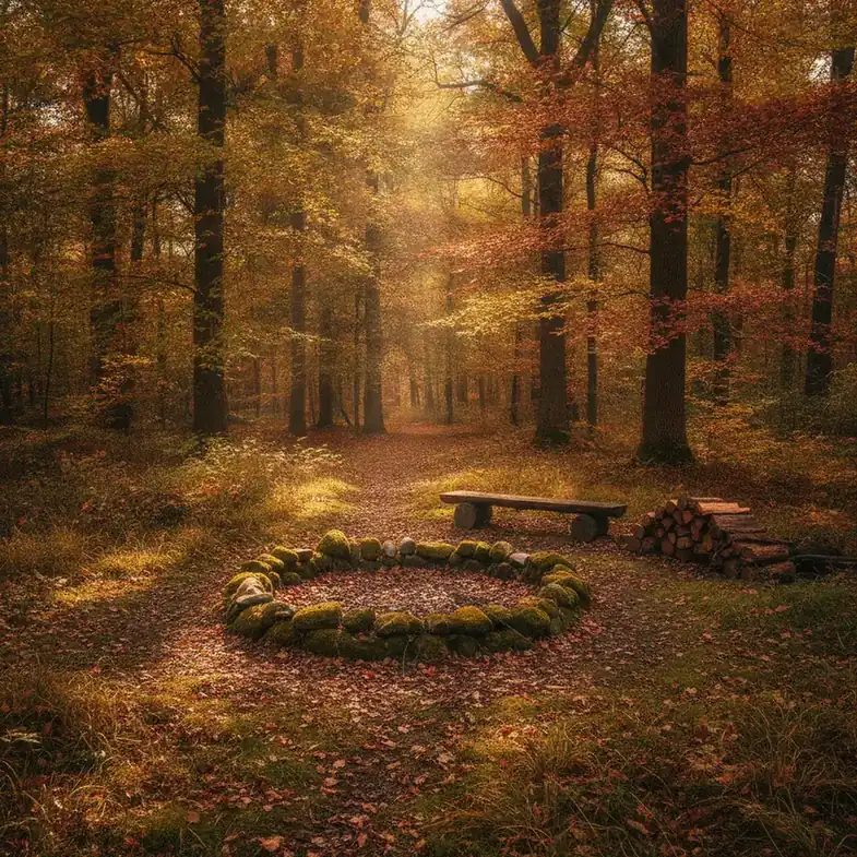 Waldlichtung mit steinerner Feuerstelle im Herbstlicht