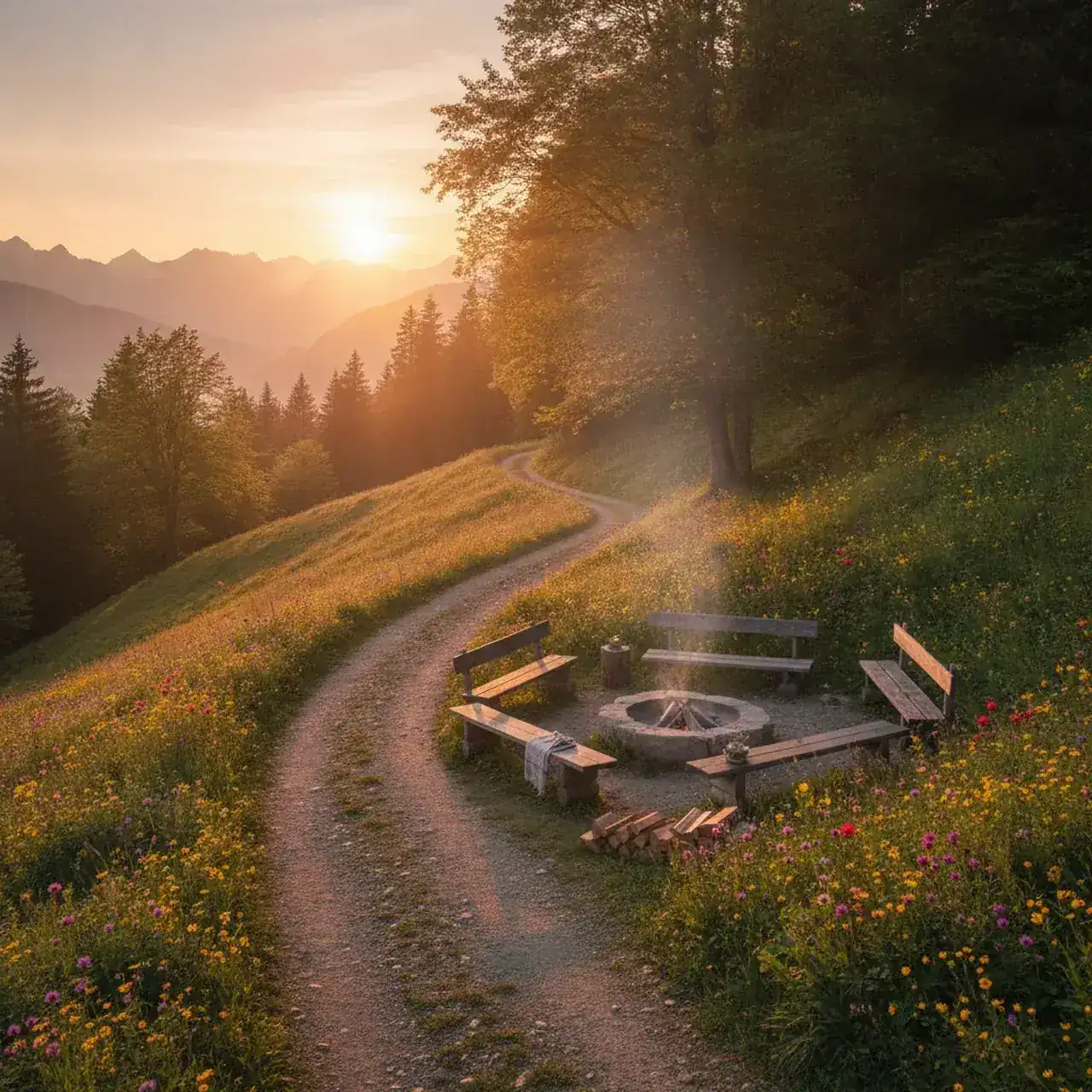 Abendlicher Weg am Waldrand im warmen Licht