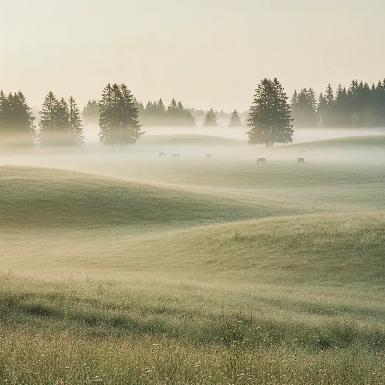 Nebelige Schweizer Weide am Morgen mit Pferden in der Ferne
