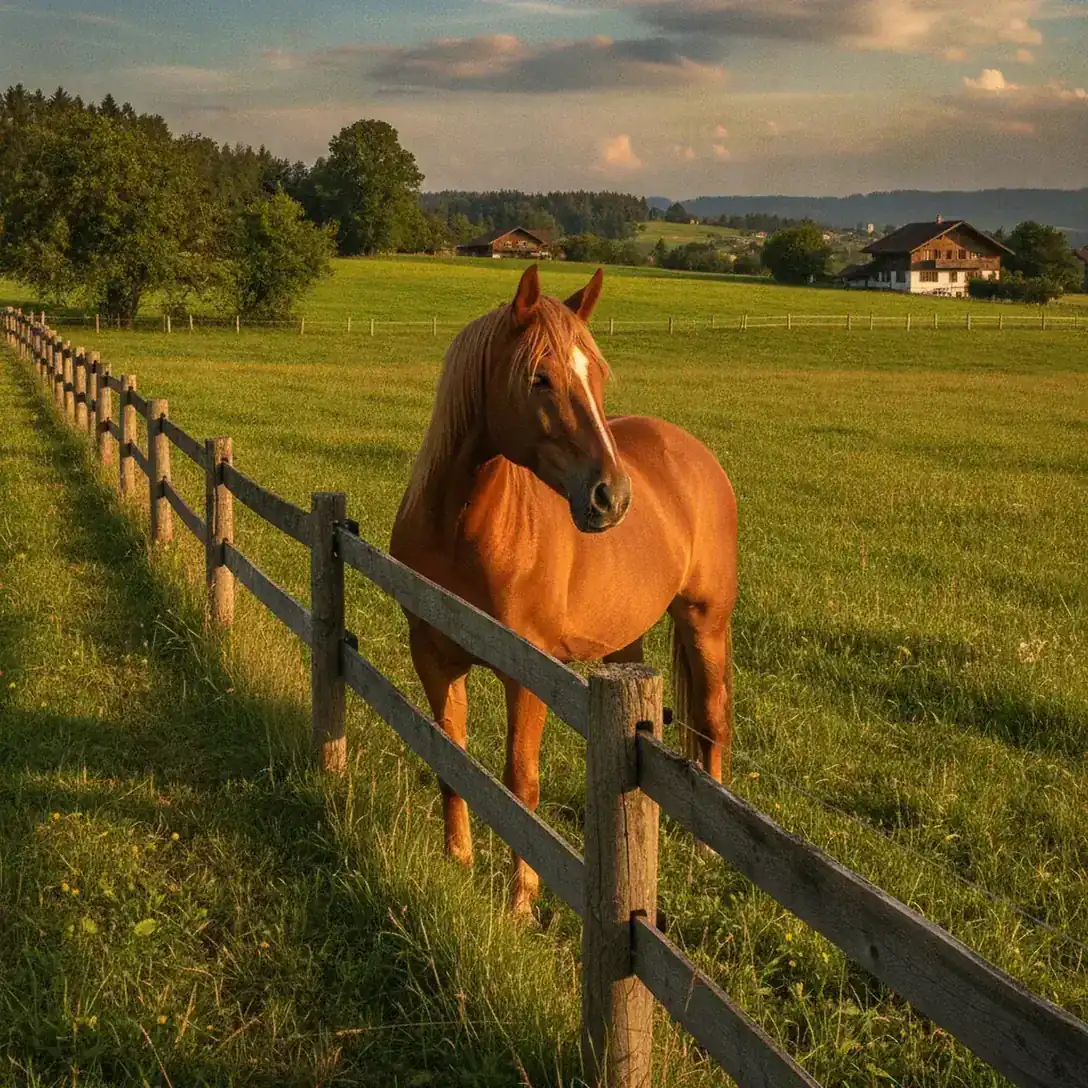 Ruhiges Pferd am Holzzaun auf der Weide